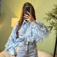 Дамска синя елегантна риза с ефирни волани