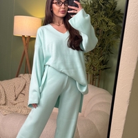 Дамски плетен комплект Cozy Vibe (пуловер + панталон)-синьо