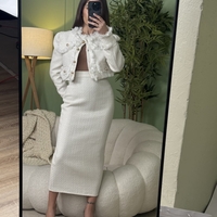 Дамски елегантен комплект сако и миди пола-бяло