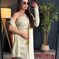 Плетена рокля с асиметрично рамо и шал-екрю