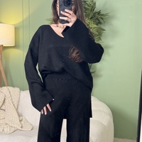 Дамски плетен комплект Cozy Vibe (пуловер + панталон)-черно