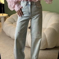 Дамски дънки с декоративен принт и висока талия,, Kiss