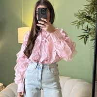 Дамска розова  елегантна риза с ефирни волани