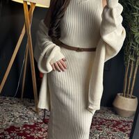 Рипсена дълга рокля с жилетка в екрю