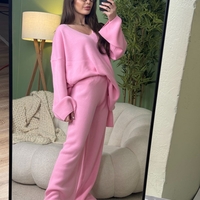 Дамски плетен комплект Cozy Vibe (пуловер + панталон)-розово