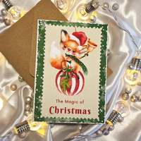 Digital Green Christmas Card with cute Fox