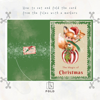 Digital Green Christmas Card with cute Fox