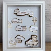 Рамка визитка за новородено - бежово мече с кола