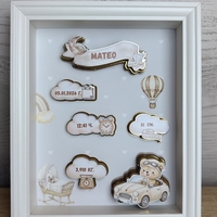 Рамка визитка за новородено - бежово мече с кола