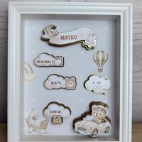 Рамка визитка за новородено - бежово мече с кола