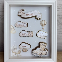 Рамка визитка за новородено - бежово мече с кола