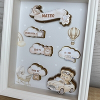 Рамка визитка за новородено - бежово мече с кола