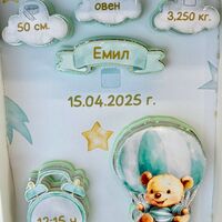 Рамка визитка за новородено – мече и балон в зелено