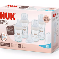 NUK Perfect Match Сет 5 Стъклени Шишета 2х120мл + 2х230мл с Допълнителен Биберон за Хранене U 1 Брой с Дъга
