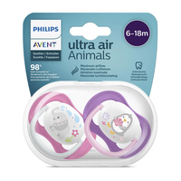 Philips AVENT SCF080/08 Комплект 2 Броя Ортодонтични Залъгалки Ultra Air Animals 6-18м+ Декорация Слон и Пингвин в Кутия за Стерилизиране