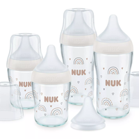 NUK Perfect Match Сет 5 Стъклени Шишета 2х120мл + 2х230мл с Допълнителен Биберон за Хранене U 1 Брой с Дъга