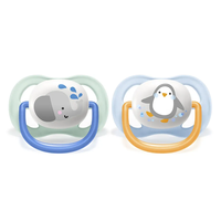 Philips AVENT SCF080/05 Комплект 2 Броя Ортодонтични Залъгалки Ultra Air Animals 0-6м+ Декорация Слон и Пингвин в Кутия за Стерилизиране