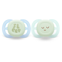 Philips AVENT SCF075/08 Комплект от 2 броя светещи в тъмното ортодонтични залъгалки за новородени Ultra Start Night 0-2м в синьо и зелено с декор Sleep в кутия за стерилизиране