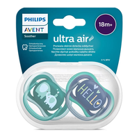 Philips AVENT SCF349/18 Комплект от 2 Броя Ортодонтични Залъгалки Ultra Air 18м+ с Декорация Слонове и надпис Hello в кутия за Стерилизиране