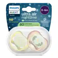 Philips AVENT SCF376/27 Комплект 2 Броя Светещи Ортодонтични Силиконови Залъгалки Ultra Air от 0-6м+ с Картинки в кутия за Стерилизиране