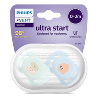 Philips AVENT SCF075/04 Комплект от 2 броя ортодонтични залъгалки за новородени  Ultra Start 0-2м в синьо и зелено със забавен декор в кутия за стерилизиране