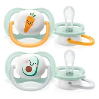 Philips AVENT SCF080/02 Комплект 2 Броя Ортодонтични Залъгалки Ultra Air Happy 0-6м+ с Декорация Плодове в Кутия за Стерилизиране