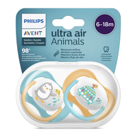Philips AVENT SCF080/12 Комплект 2 Броя Ортодонтични Залъгалки Ultra Air Happy 0-6м+ с декорация Пингвин и Костенурка в Кутия за Стерилизиране