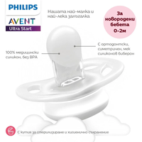 Philips AVENT SCF075/04 Комплект от 2 броя ортодонтични залъгалки за новородени  Ultra Start 0-2м в синьо и зелено със забавен декор в кутия за стерилизиране