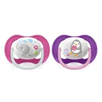 Philips AVENT SCF080/08 Комплект 2 Броя Ортодонтични Залъгалки Ultra Air Animals 6-18м+ Декорация Слон и Пингвин в Кутия за Стерилизиране