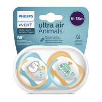 Philips AVENT SCF080/07 Комплект 2 Броя Ортодонтични Залъгалки Ultra Air Animals 6-18м+ Декорация Пингвин и Костенурка в Кутия за Стерилизиране