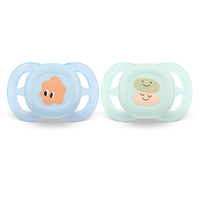 Philips AVENT SCF075/04 Комплект от 2 броя ортодонтични залъгалки за новородени  Ultra Start 0-2м в синьо и зелено със забавен декор в кутия за стерилизиране