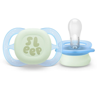 Philips AVENT SCF075/08 Комплект от 2 броя светещи в тъмното ортодонтични залъгалки за новородени Ultra Start Night 0-2м в синьо и зелено с декор Sleep в кутия за стерилизиране