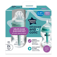 Tommee Tippee Advanced Anti-Colic+ 260 мл Комплект от 2 броя Самостерилизиращи се Бебешки Шишета за Хранене и Система за Намаляване на Коликите