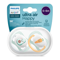 Philips AVENT SCF080/02 Комплект 2 Броя Ортодонтични Залъгалки Ultra Air Happy 0-6м+ с Декорация Плодове в Кутия за Стерилизиране