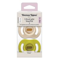 0-6М+ 2 Броя Зелен и Бял ЦвятTommee Tippee Ортодонтични Залъгалки Ultra Light Stay Put Силиконови от 0-6М+ 2 Броя Бял и Зелен Цвят