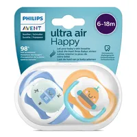 Philips AVENT SCF080/10 Комплект 2 Броя Ортодонтични Залъгалки Ultra Air Happy 6-18м+ с Декорация Роботи в Кутия за Стерилизиране