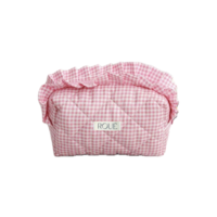 CUSTOM SMALL RUFFLES PETIT GINGHAM TOILETRY BAG IN FUSCIA