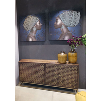 AFRICAN LADY PAINTING CANVAS BLUE GOLD WOOD 80x80x