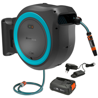 Battery-Powered Wall-Mounted Hose Box PowerRoll XXL Set, 40 m hose, turquoise