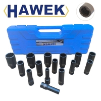 НЕМСКИ Ударни Вложки 1/2″ Удължени Комплект 12 – стенни 15 части HAWEK + ЛЕД ФЕНЕР