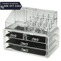 НЕМСКИ Комбиниран органайзер за гримове и бижута, 4 чекмеджета + ЛЕД ФЕНЕР