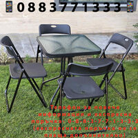 НЕМСКА Квадратна Маса Със Стъкло + 4 Сгъваеми Стола – 60 см +ЛЕД ФЕНЕР