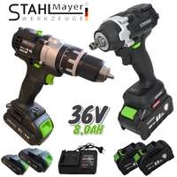 НЕМСКИ Акумулаторен Ударен Винтоверт и Безчетков Гайковерт / Импакт Комбиниран Безжичен 2в1 STAHLMAYER BLACK 4 Броя Батерии 36V 8,0AH + ЛЕД ФЕНЕР