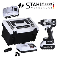 НЕМСКО ПРОМО КОМПЛЕКТ Акумулаторен Ъглошлайф 125мм и Безжичен Гайковерт-Винтоверт Безчетков Ударен 36V 8,0AH STAHLMAYER 4x Батерия 2 Зарядно в Куфар Ракета + ЛЕД ФЕНЕР