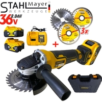 НЕМСКИ Акумулаторен Ъглошлайф 36V 8,0AH 125mm с ПОДАРЪК 3 броя диск за дърво + ЛЕД ФЕНЕР