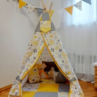 Детска палатка Еовин звезди в сиво и жълто