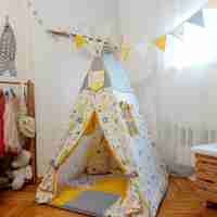 Детска палатка Еовин звезди в сиво и жълто