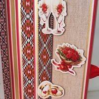 Картичка - кутия за сватба с шоколад Merci с място за банкноти  - шевици