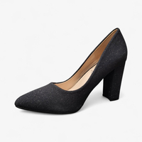 Официални дамски обувки с блясък на дебел ток - Черен брокат | 608-A5 black