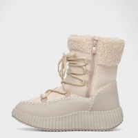 Топли дамски боти с пухкав хастар и връзки W210136 Beige